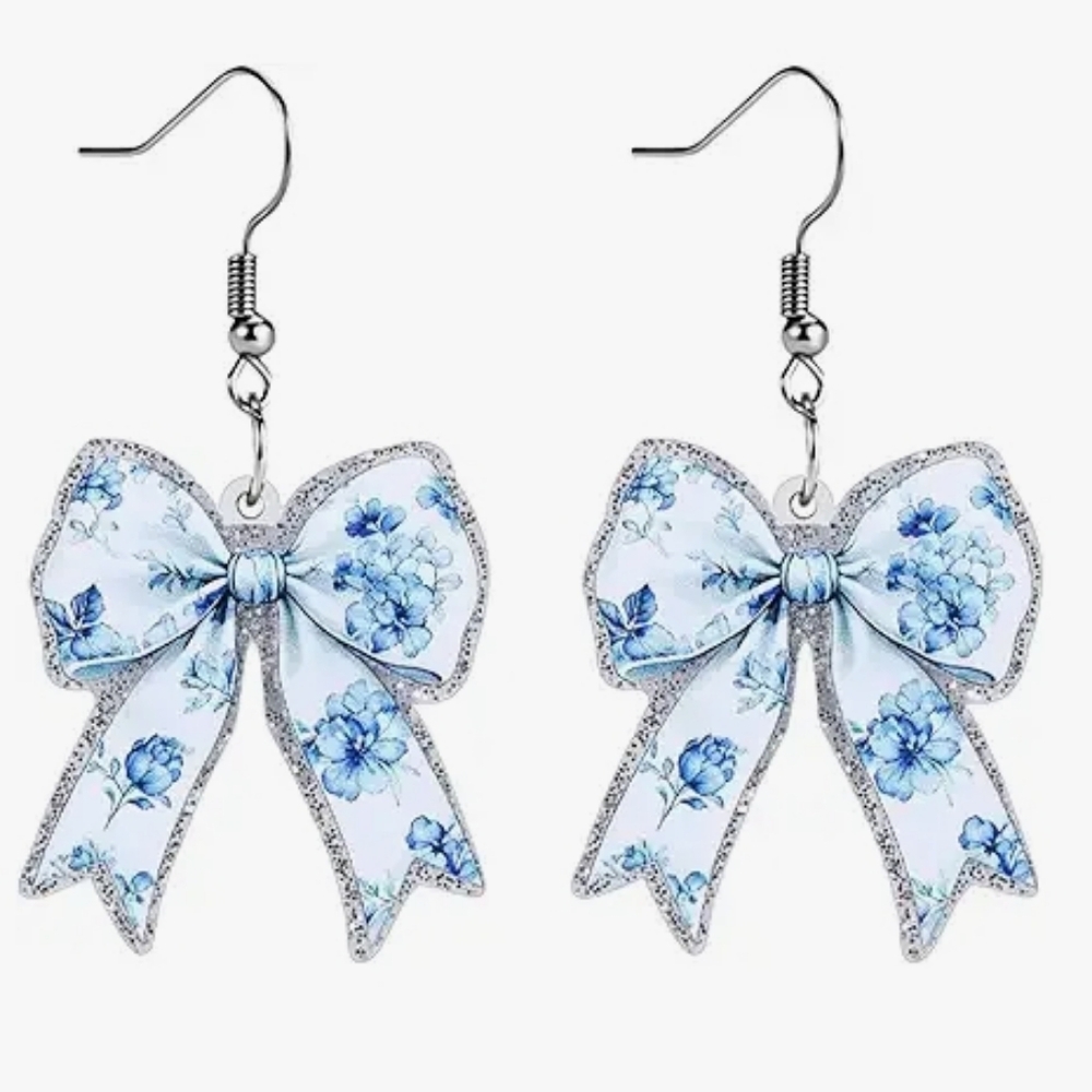 Blue Floral Bow Dangle Earrings - Picture 1 of 1